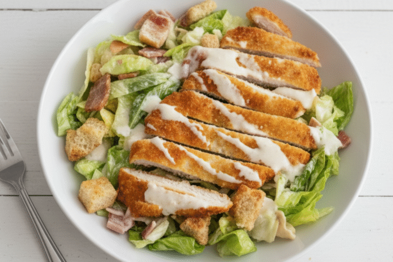 A vibrant bowl of Caesar Slaw with Crunchy Chicken, garnished with fresh herbs.