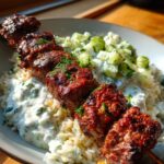 Beef Kebabs with Cucumber Yogurt and Rice