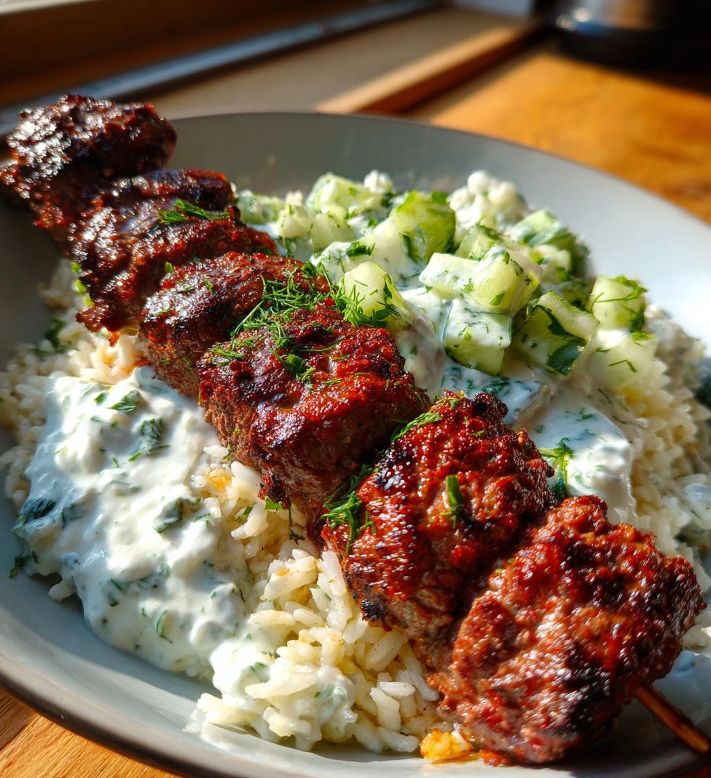 Beef Kebabs with Cucumber Yogurt and Rice