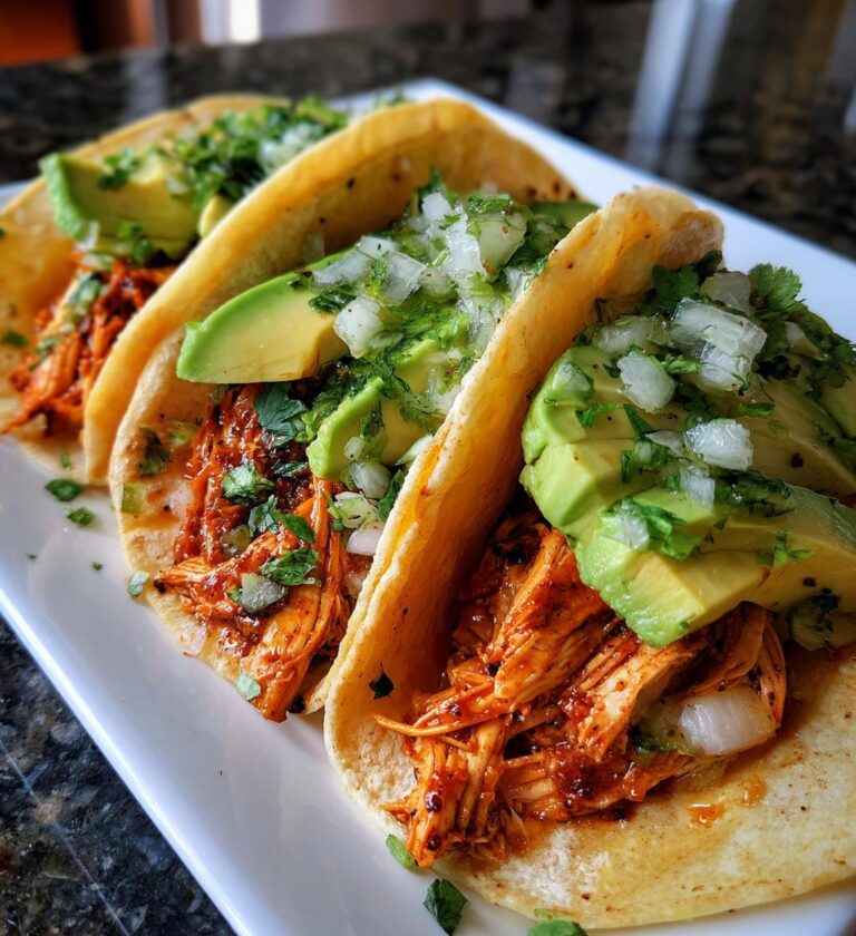 Shredded Chicken Tacos with Avocado and Pickles