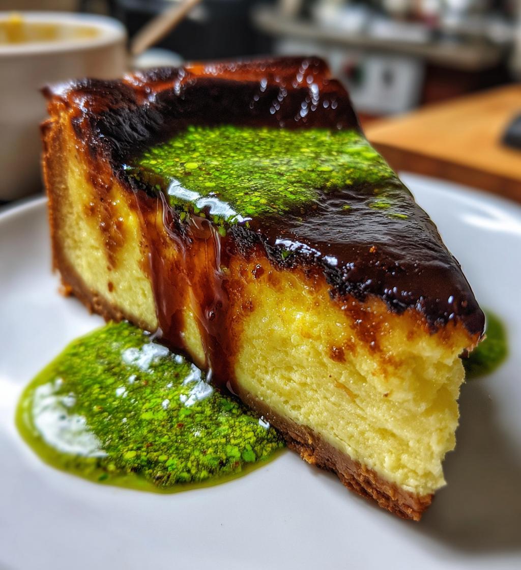 Basque Burnt Cheesecake with Pistachio Sauce