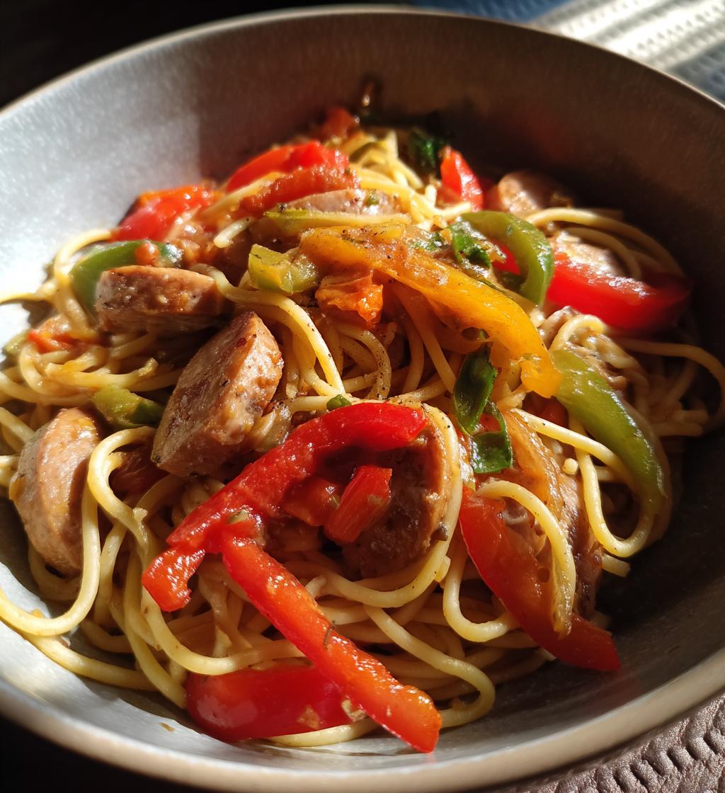 Haitian Spaghetti (Espageti) (Breakfast pasta with chicken sausage) - detail 1