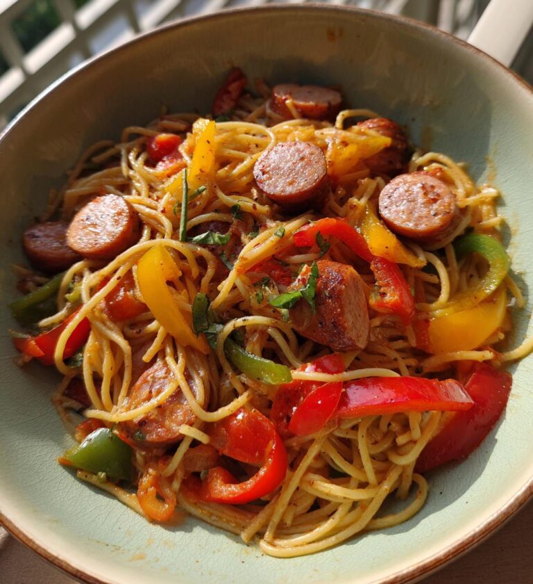 Haitian Spaghetti (Espageti) (Breakfast pasta with chicken sausage)