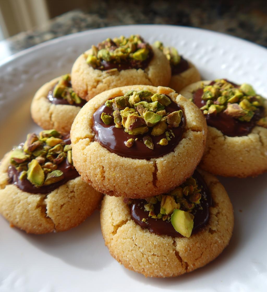 Pistachio Chocolate Thumbprint Cookies