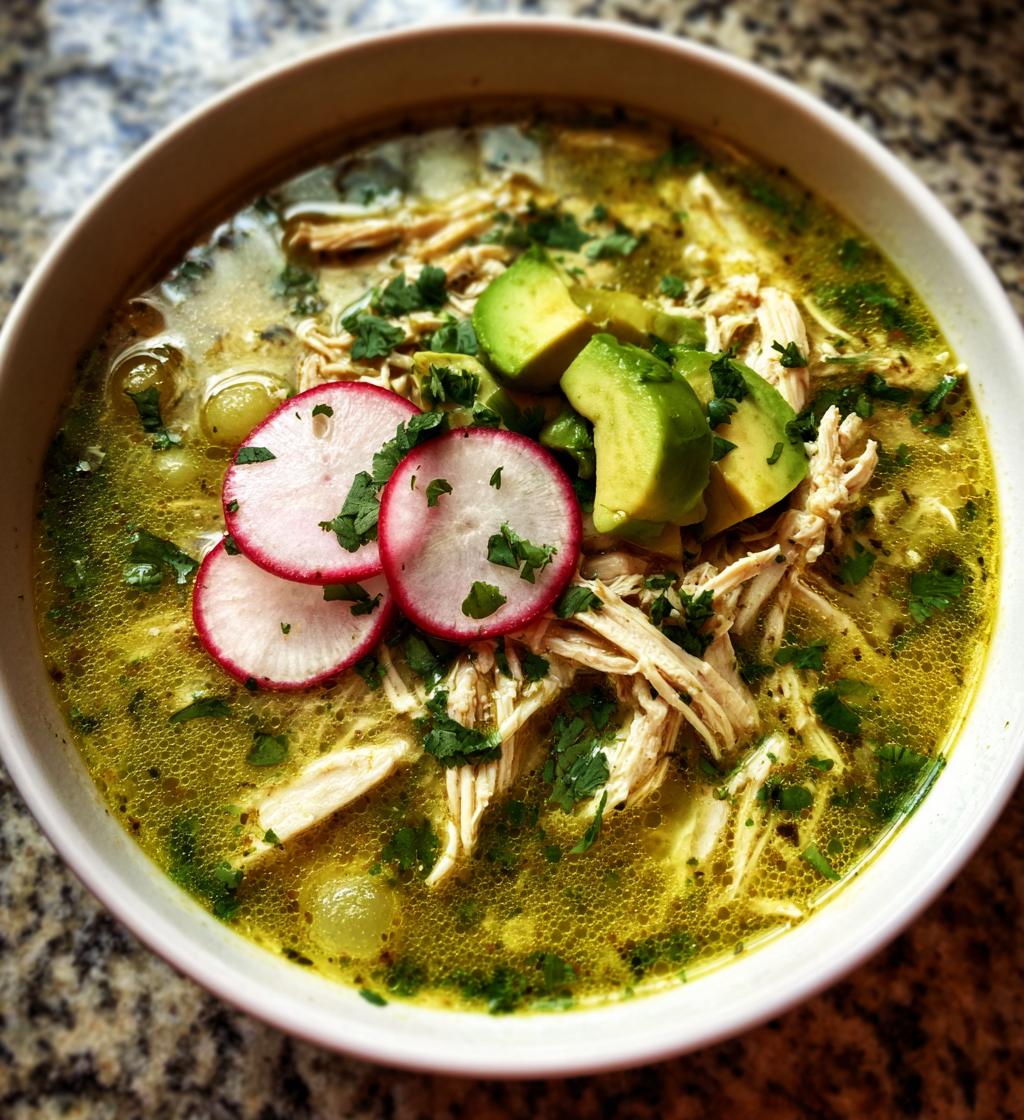 Pozole Verde with Chicken (Green Hominy Soup) - detail 1