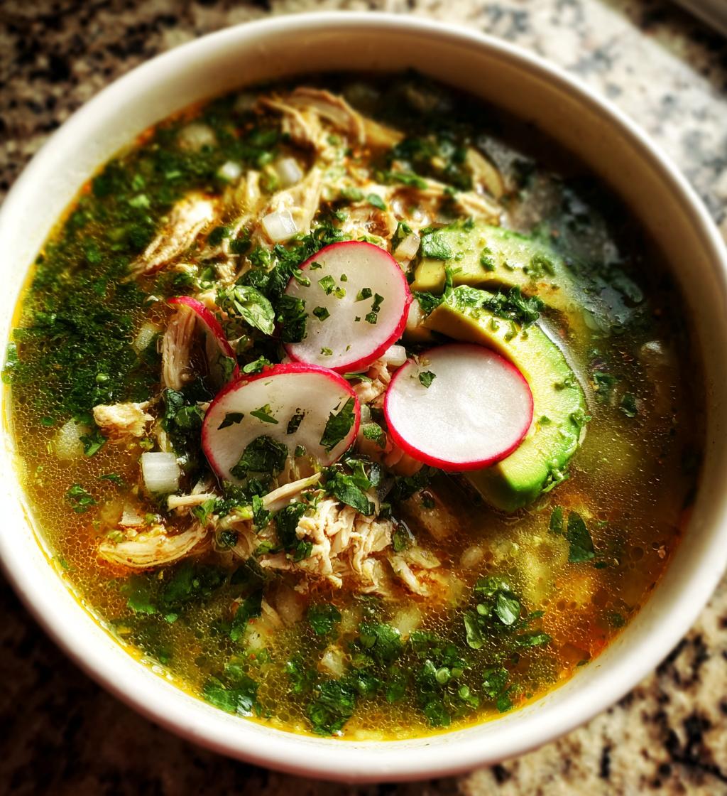 Pozole Verde with Chicken (Green Hominy Soup)