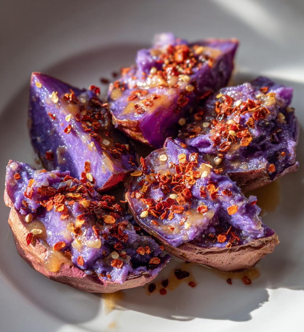 Smashed Purple Sweet Potatoes with Hot Honey - detail 1
