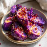 Smashed Purple Sweet Potatoes with Hot Honey