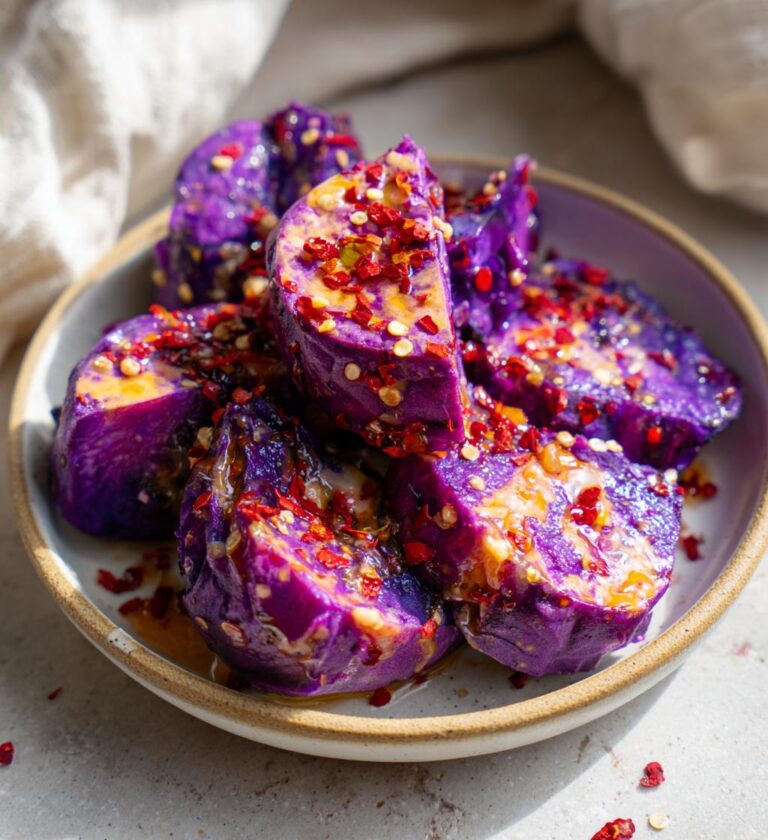 Smashed Purple Sweet Potatoes with Hot Honey