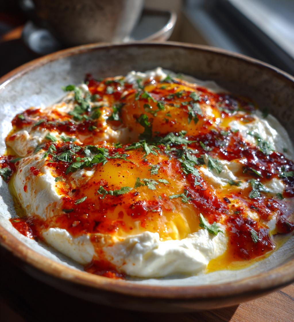 Turkish Cilbir (Poached Eggs in Garlic Yogurt with Chili Butter) - detail 1