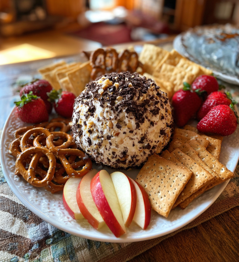 Oreo dessert cheese ball platter with strawberries, apple slices, pretzels, and crackers.
