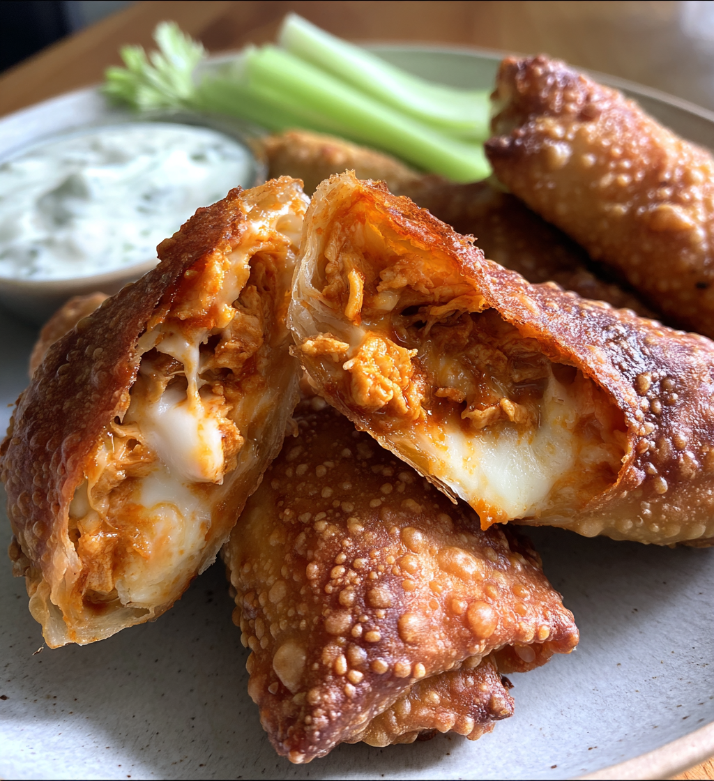 Golden crispy buffalo chicken egg rolls with melted cheese, celery, and ranch dipping sauce.