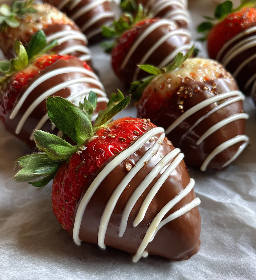 Chocolate covered strawberries with white chocolate drizzle on parchment paper for easy dessert recipes.