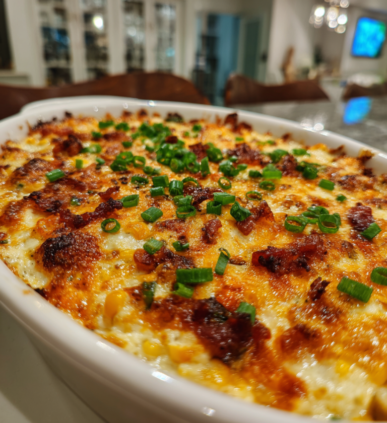 Cheesy baked corn dip topped with crispy bacon and green onions in a white dish.