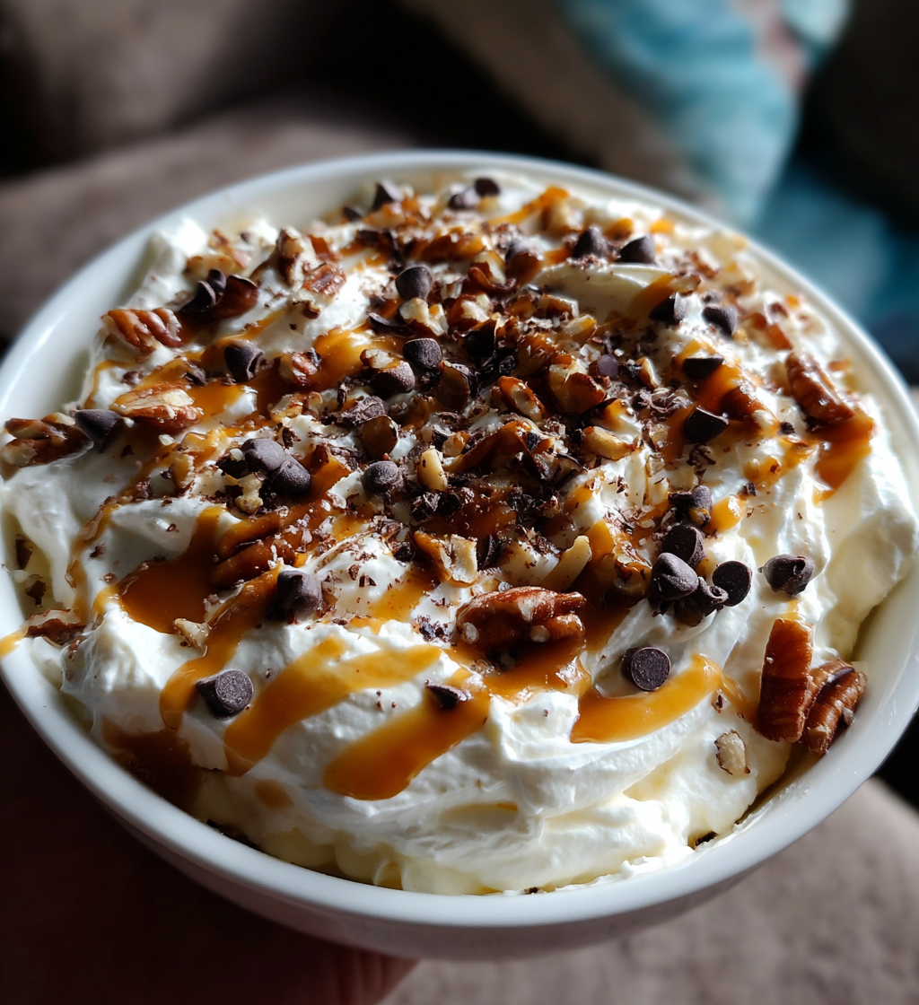 Creamy Turtle Cheesecake Dip topped with caramel sauce, pecans, and mini chocolate chips.