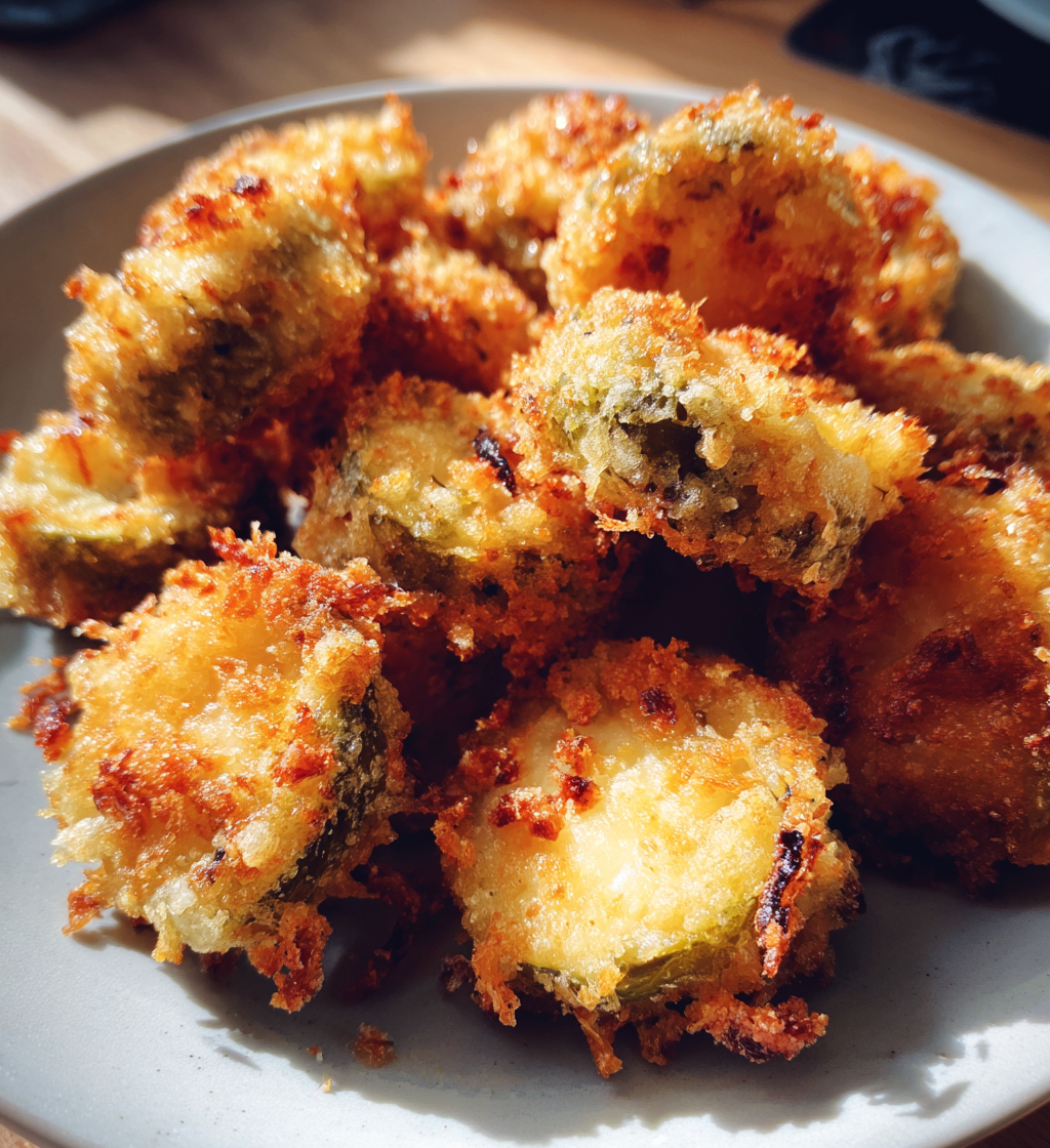 Golden-brown crispy pickle cheese bites piled on a plate as a quick snack.