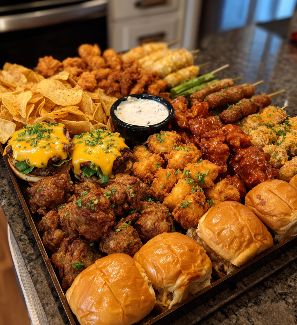 Super Bowl party platter with sliders, chicken wings, chips, and various game day appetizers.
