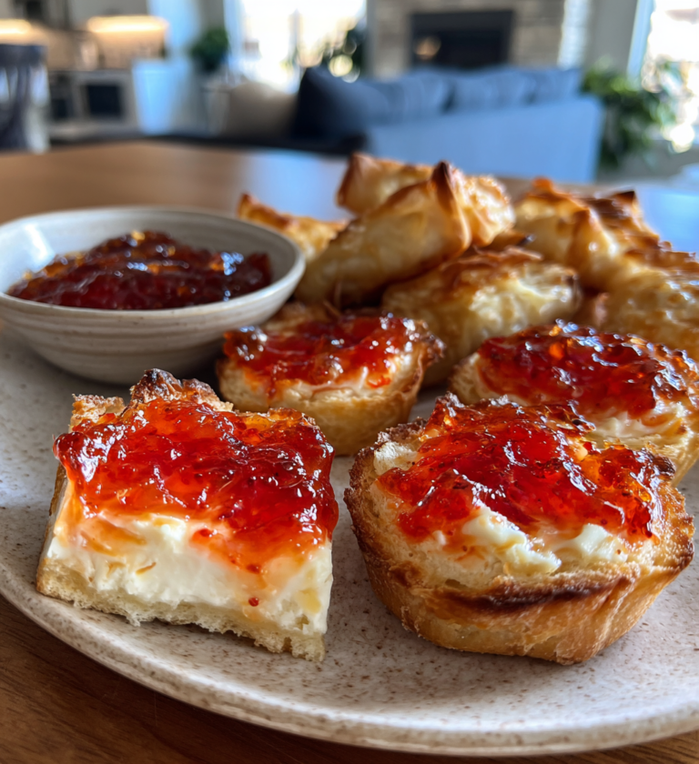 Pepper jelly cream cheese appetizer bites and dip served on a plate.