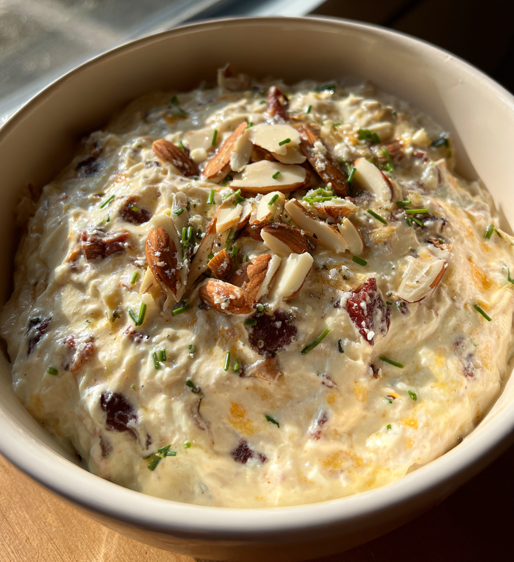 Million Dollar Crack Dip topped with slivered almonds, bacon bits, and fresh green chives.