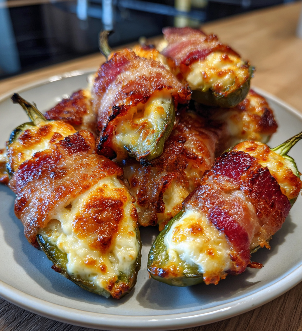 Crispy bacon-wrapped jalapeño poppers stuffed with melted cheese on a serving plate.