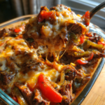 Cheesy high protein Philly cheesesteak casserole being scooped from a glass baking dish.