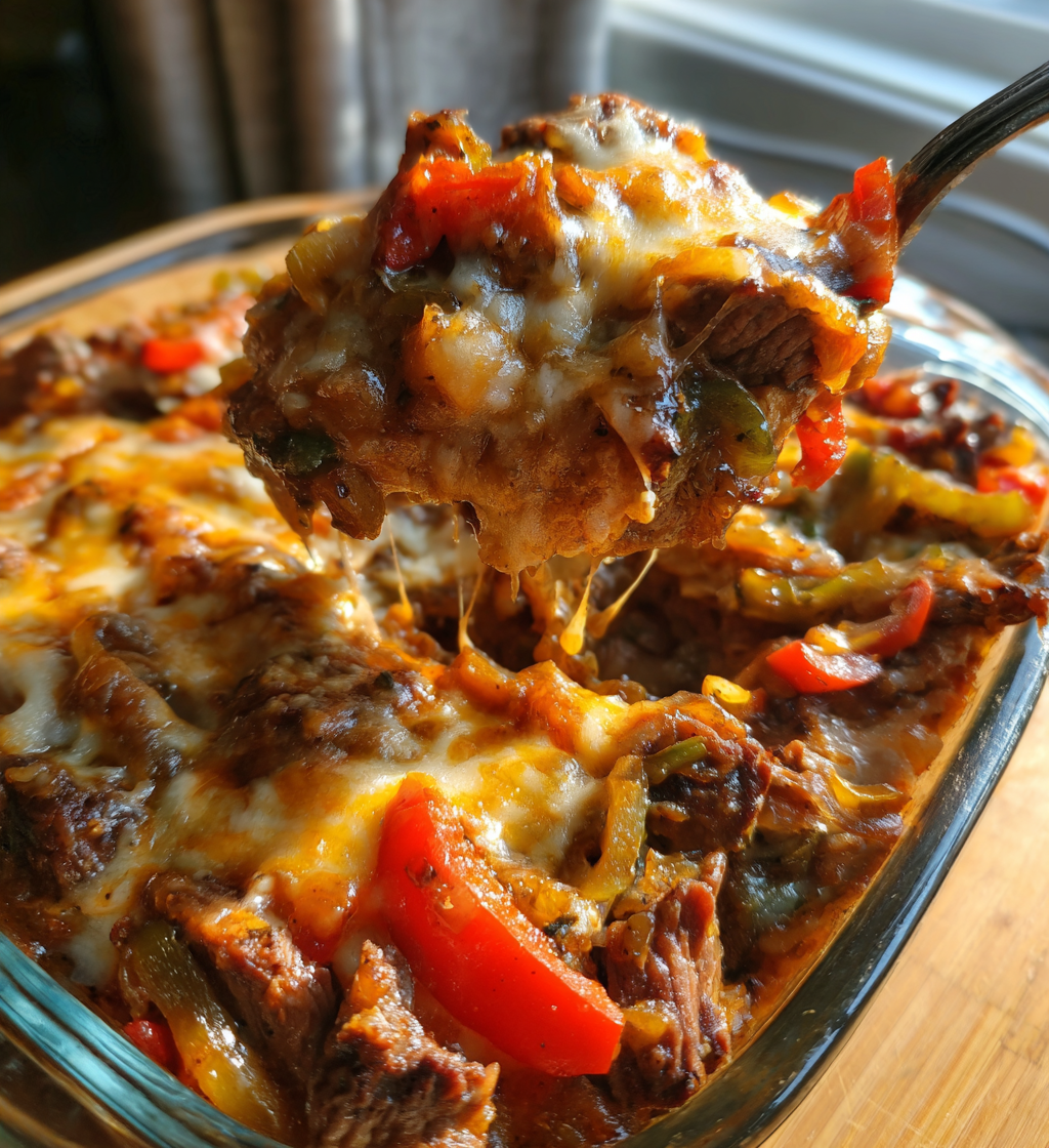 Cheesy high protein Philly cheesesteak casserole being scooped from a glass baking dish.