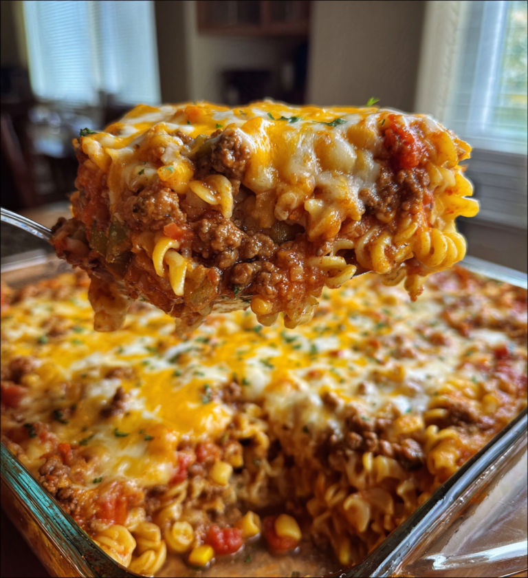 Cheesy ground beef and rotini pasta casserole being served from a glass baking dish.