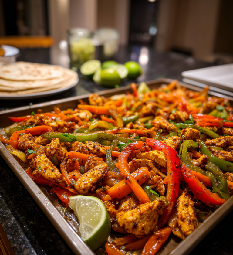 30-minute sheet pan chicken fajitas with colorful bell peppers and fresh lime garnish.