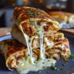 Toasted garlic chicken wraps stacked with ooey gooey melted cheese and fresh herbs.