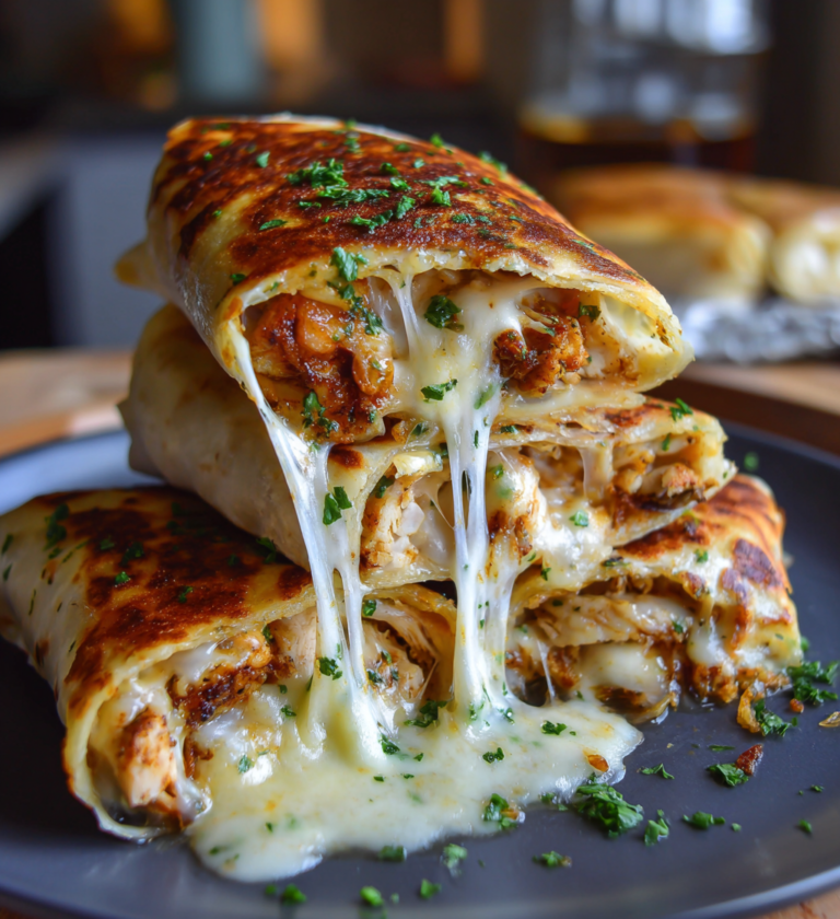 Toasted garlic chicken wraps stacked with ooey gooey melted cheese and fresh herbs.