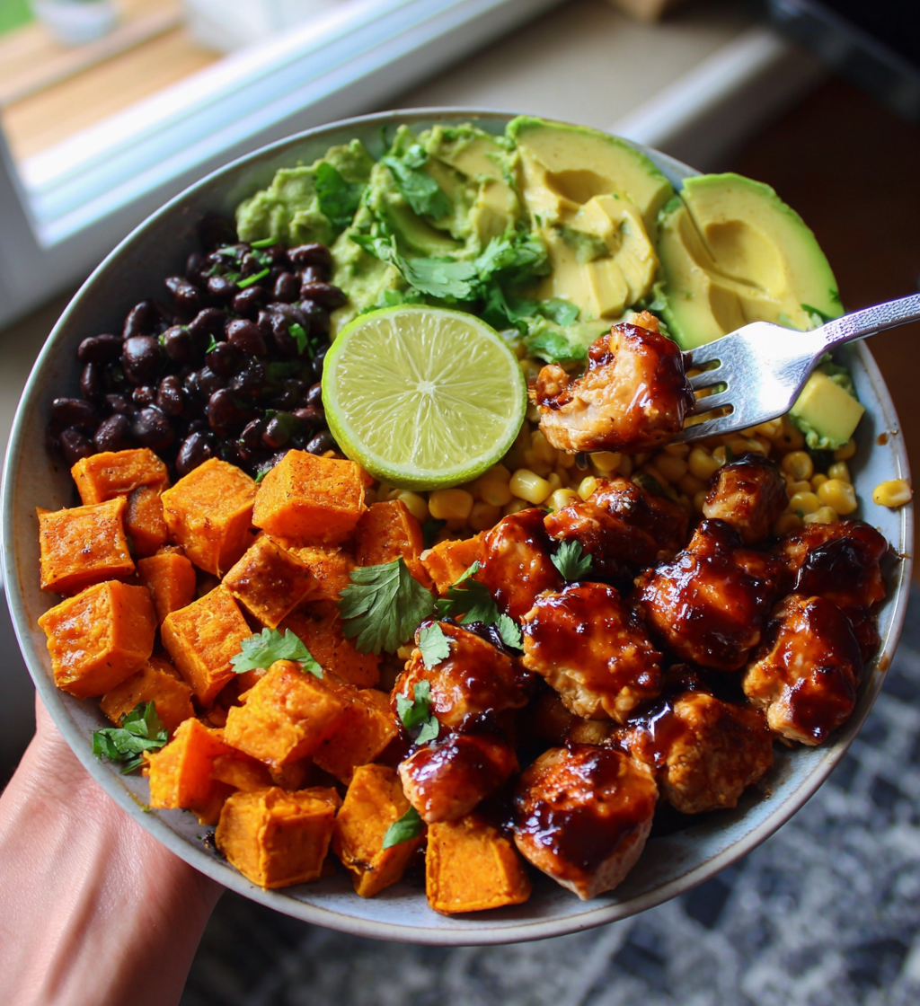 BBQ chicken sweet potato bowl with avocado, black beans, corn, and fresh lime.