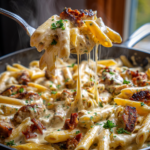 Creamy chicken and beef ranch pasta with penne, melted cheese, and bacon in a skillet.