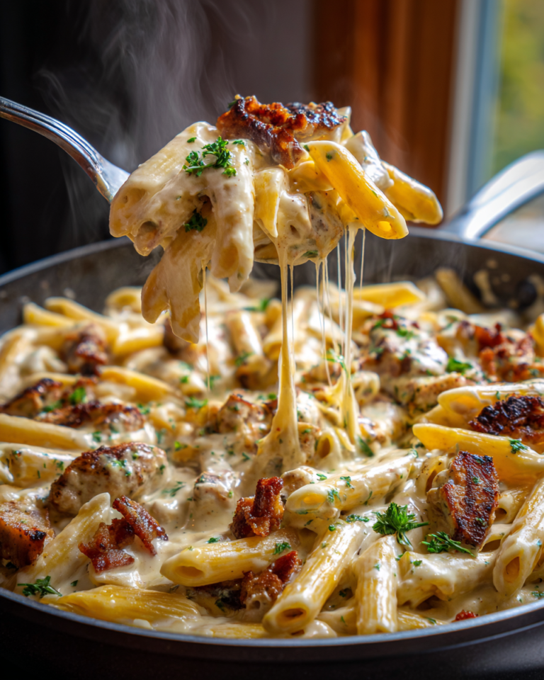 Creamy chicken and beef ranch pasta with penne, melted cheese, and bacon in a skillet.