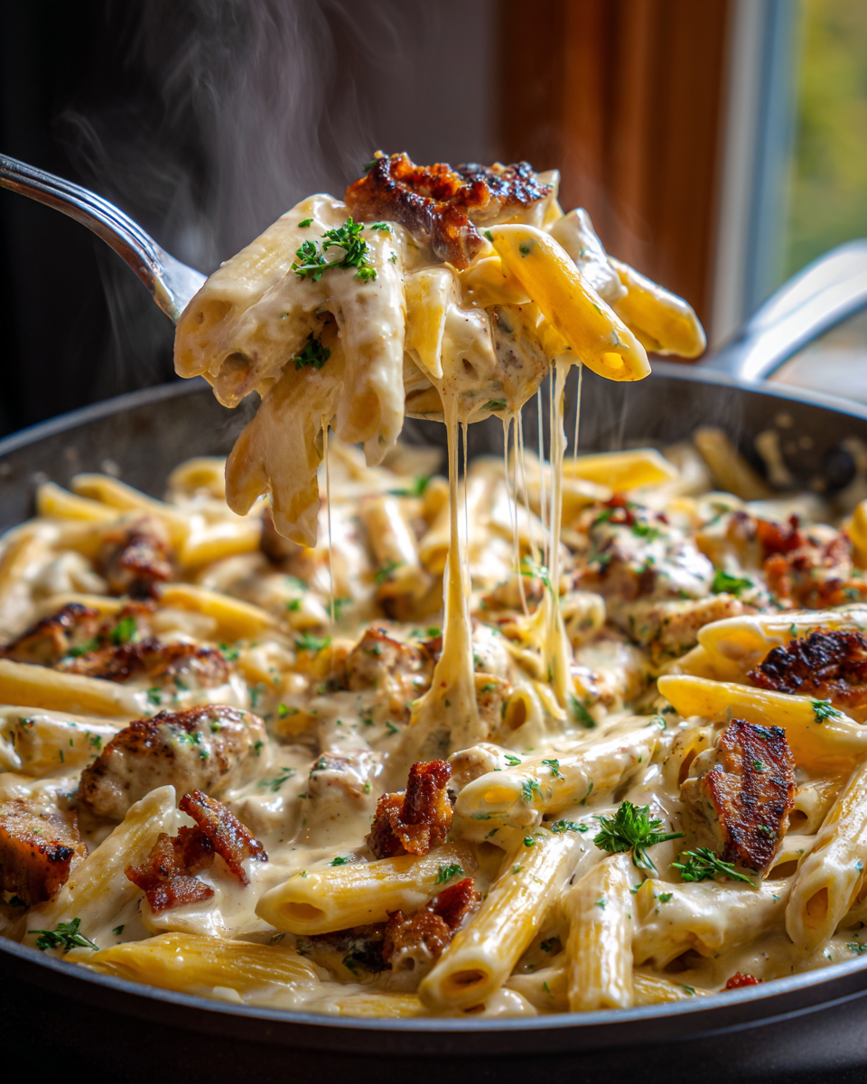Creamy chicken and beef ranch pasta with penne, melted cheese, and bacon in a skillet.