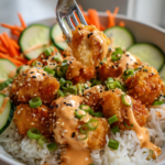 Crispy Bang Bang Chicken Bowl with spicy sauce and rice for a quick 15-minute dinner.