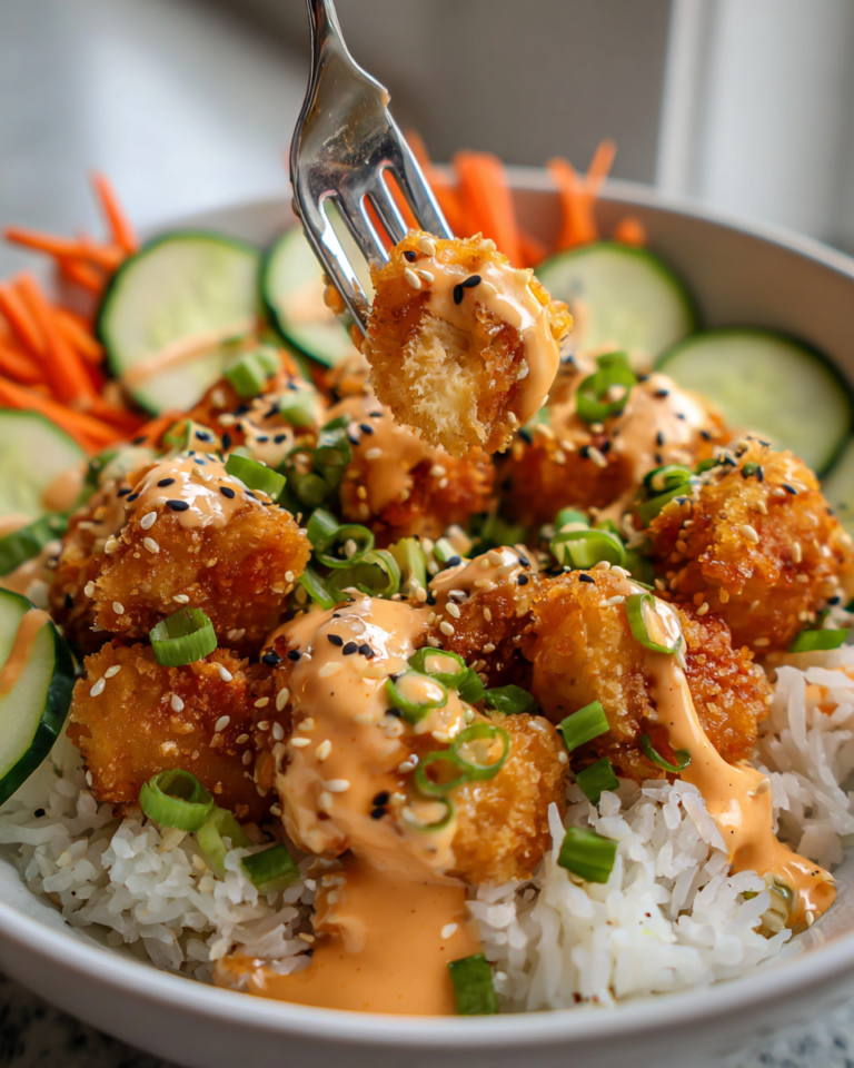 Crispy Bang Bang Chicken Bowl with spicy sauce and rice for a quick 15-minute dinner.