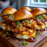 Four crispy Bang Bang chicken sliders with sweet chili sauce and green onions on brioche.
