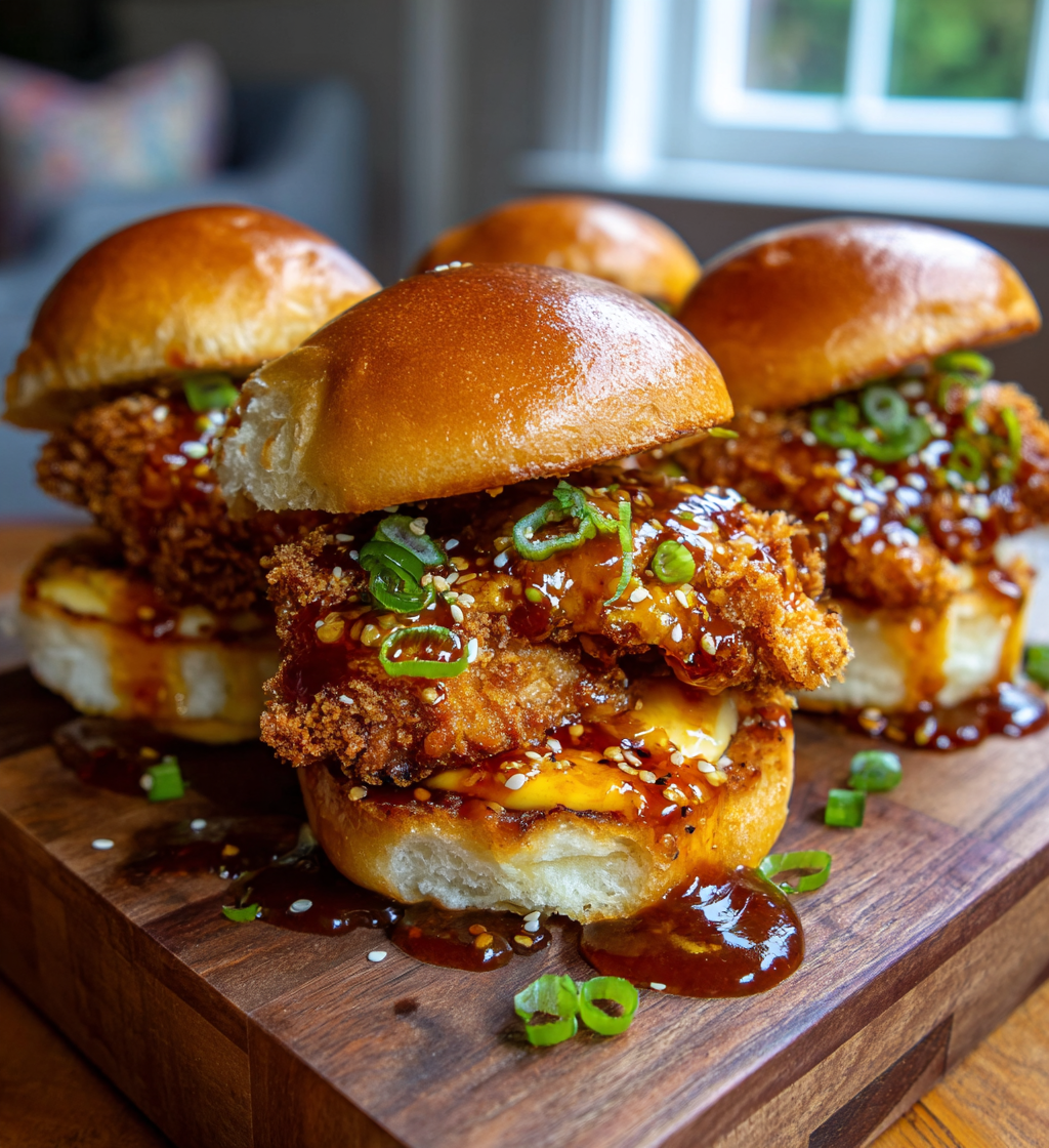 Four crispy Bang Bang chicken sliders with sweet chili sauce and green onions on brioche.