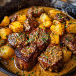 One-pan garlic butter steak and potatoes in a creamy parmesan sauce in a skillet.