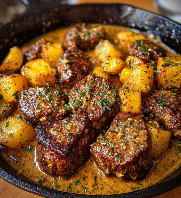 One-pan garlic butter steak and potatoes in a creamy parmesan sauce in a skillet.