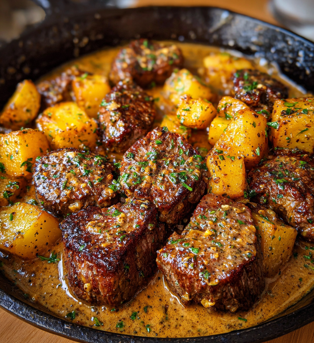 One-pan garlic butter steak and potatoes in a creamy parmesan sauce in a skillet.