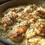 Skillet of creamy Boursin orzo and seared chicken garnished with fresh chives.