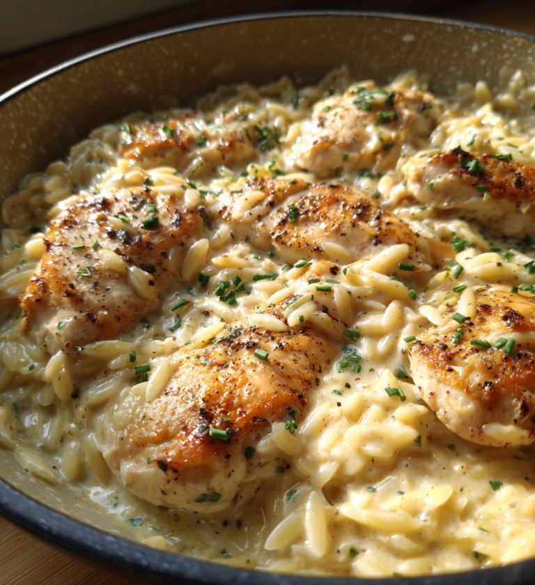 Skillet of creamy Boursin orzo and seared chicken garnished with fresh chives.