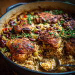 One-pot Caribbean chicken and rice with seasoned chicken thighs, kidney beans, and fresh herbs.
