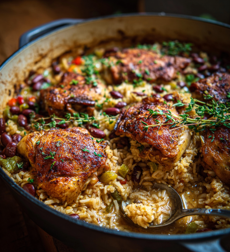 One-pot Caribbean chicken and rice with seasoned chicken thighs, kidney beans, and fresh herbs.