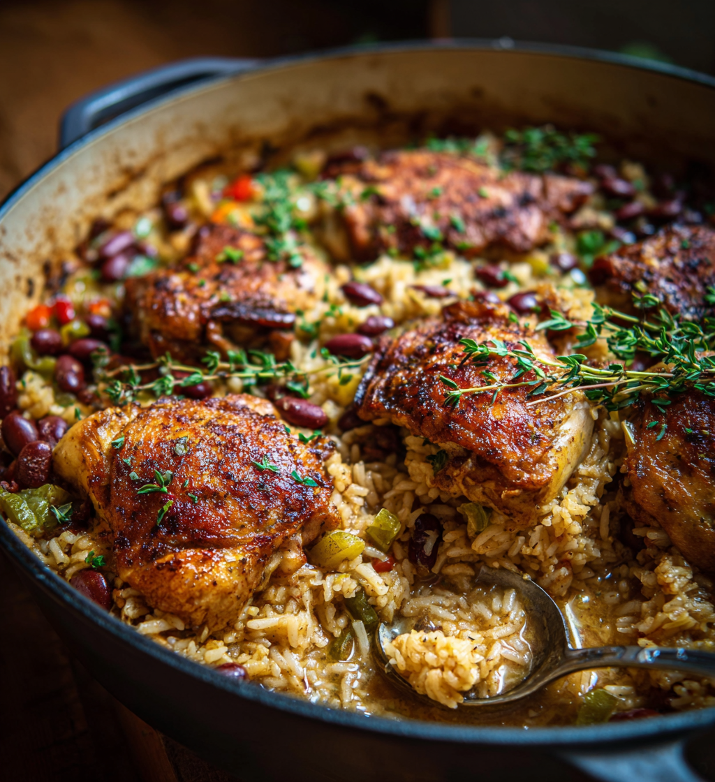 One-pot Caribbean chicken and rice with seasoned chicken thighs, kidney beans, and fresh herbs.