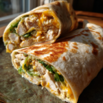 Two toasted cheesy garlic chicken wrap halves filled with melted cheese and fresh greens.