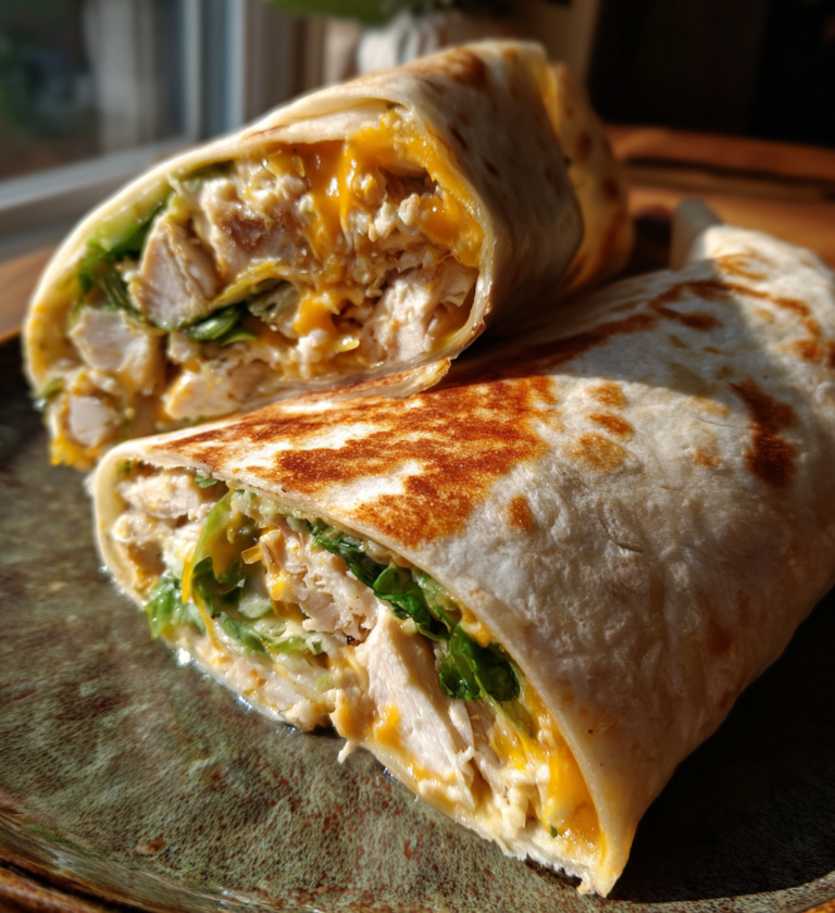 Two toasted cheesy garlic chicken wrap halves filled with melted cheese and fresh greens.