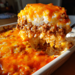 Cheesy ground beef and rice casserole scoop being lifted from a white baking dish.