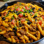 One-pot cheesy taco pasta with ground beef, tomatoes, and olives in a cast-iron skillet.